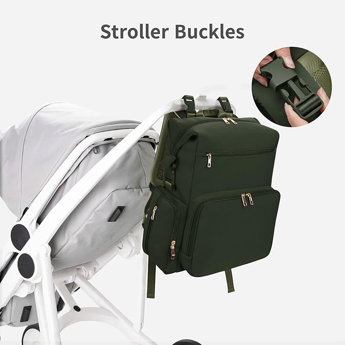 CEI-CEI Neoprene Diaper Bag Backpack with Insulated Pockets, Large Newborn Baby Maternity Bags Travel Tote with Changing Pad (Army Green) - Image 6