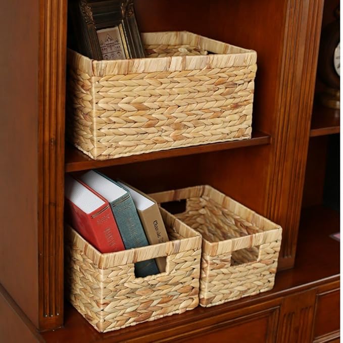 Woven Natural Water hyacinth Rectangular Storage Baskets with inside Handle,Kingwillow(Large) | Rustic decor, with handles, brown‑tan tone, for shelves, bathroom, kitchen, entryway, office files, pet toys - Image 5