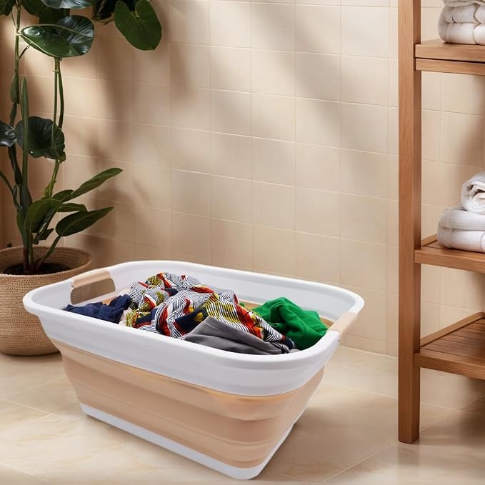 SAMMART 41L (10.8 gallon) Collapsible Plastic Laundry Basket-Foldable Pop Up Storage Container-Portable Washing Tub - Space Saving Hamper/Basket, Water capacity: 32L (8.4 gallon) (2, White/Beige) - Image 5