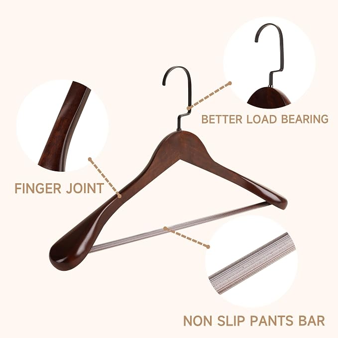 Wooden Suit Hangers with Non Slip Pants Bar, Walnut, 12-Pack, 16" | Wood Extra-Wide Shoulder Hangers, Flat-Head Hook Hangers for Suits, Coats, Jackets, Shirts, Pants, and Heavy Clothes - Image 4