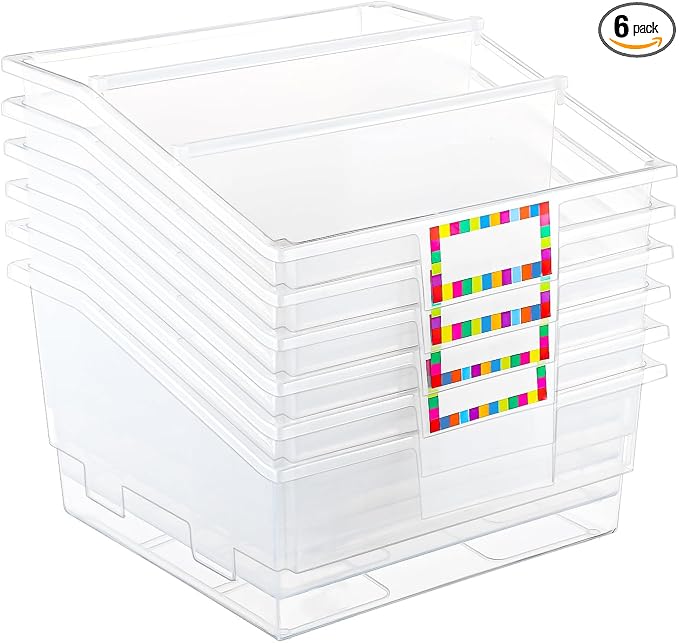 Lineshading 6 Pack Picture Book Organizer Bins with Dividers Large Plastic Book Holders with Labels Multi Purpose Classroom Organization Bins Storage Container(Clear,13.5 " X 13.5 " X 7.75") by Lineshading