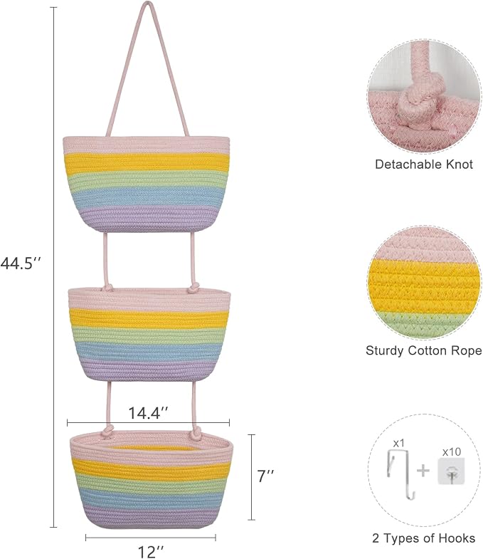 TeoKJ Over the Door Hanging Basket, 3-Tier Woven Cotton Wall-Mounted Storage Organizer Bag Decorative Hanging Nursery Baskets, Rainbow - Image 5