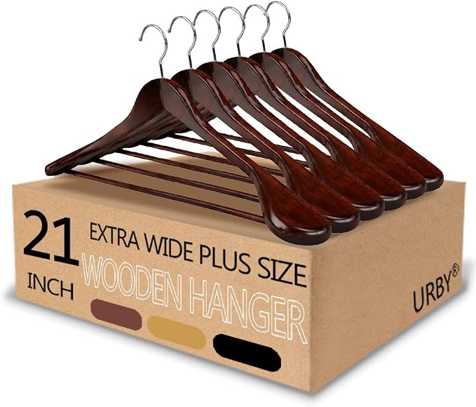 Urby 6pk 21 inch Wide Shoulder Wooden Hangers, Cherrywood Color | For Plus Size Cloth, No Shoulder Bump Design, Non Slip Pants Bar, For XXL Suit, Jackets, Heavy Cloths, Easy-to-Install Hook by Urby