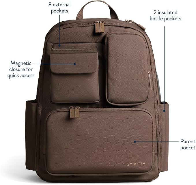 Itzy Ritzy Utility Diaper Bag Backpack, 17 Pockets w/Changing Pad (Mocha) | Travel-Ready Diaper Backpack with 2 Insulated Bottle Holders, Laptop Compartment, Trolley Sleeve, Straps, and Changing Pad - Image 3