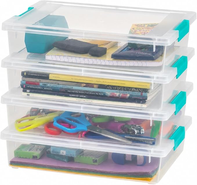 IRIS USA Storage Bins with Lids |Made in USA| 6 Qt - (4-Pack) - Clear | Sensory Craft Organizers, Plastic Clip Box Totes, Flat Containers for Organizing Paper, Office, Art & Study Supplies by IRISUSA