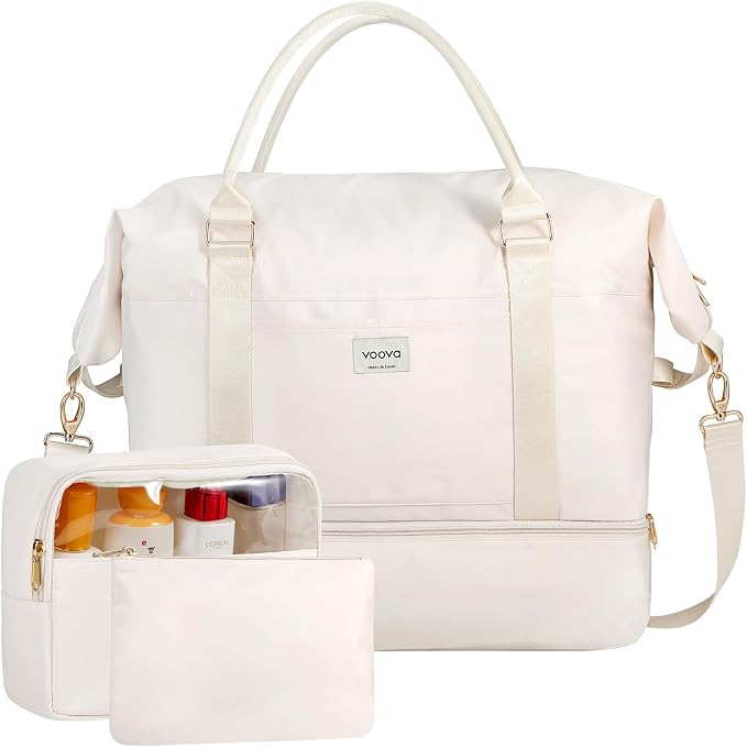 Voova Weekender Duffle Bag Set with Shoe Compartment, 4 Piece, Beige | Carry-on travel set includes weekender, shoe bag, toiletry bag and makeup pouch for organized overnight trips - Image 7