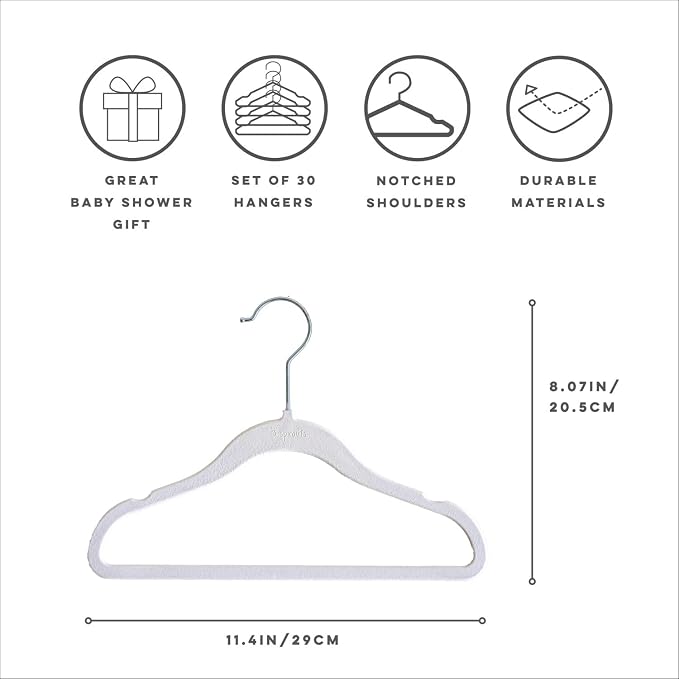 3 Sprouts Velvet Baby Hangers, Non Slip Slim, White, 30 Pack | Non-slip velvet, Notched shoulders, 360-degree swivel hook, 11.75 x 8 in, Infant and toddler clothes, Soft colors for nursery - Image 2