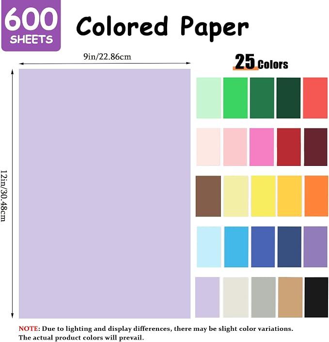 Swanaryo Construction Paper Assorted Colors - (600 Sheets, 9x12), 25 Bright Colors Lightweight(30lb/110gsm) Craft Paper Bulk Pack Arts & Crafts Projects - Image 2