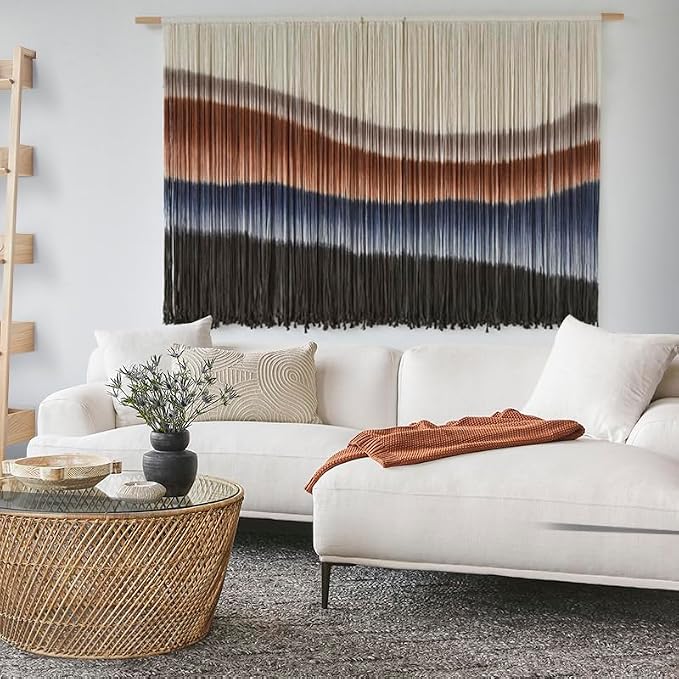 Macrame Wall Hanging Tie-Dye Bule Boho Wall Decor Yarn Fiber Art 57"W*35"L | Large Wall Hanging, Handmade Fiber Art, Dip Dyed Cotton, Boho Wall Decor, for Bedroom Decor Living Room Wall Accent - Image 2
