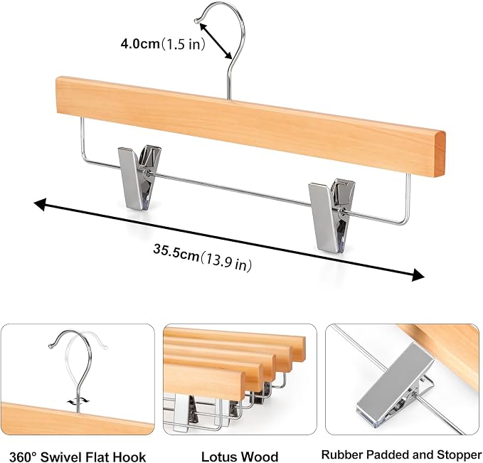 TOPIA HANGER Lotus Wood Pants Hangers, Natural Wooden Skirt Short Jeans Trouser Hanger with Smooth Surface 360° Swivel Hook Anti Rust 2 Adjustable Clips, 10 Pack, CT10PY - Image 5