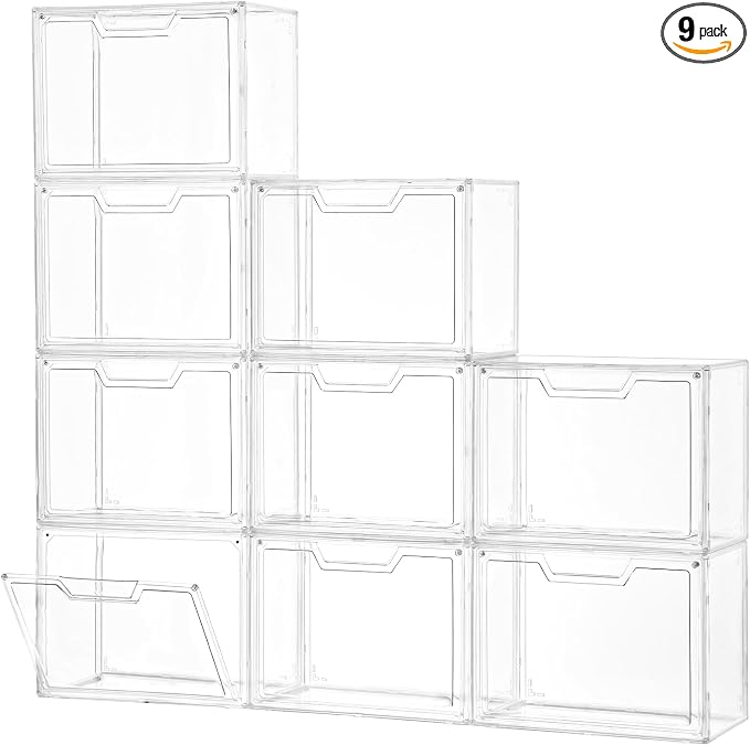 Freebat Stackable Storage Organizers, Clear Acrylic Display Case, 9-Pack Acrylic Boxes with Lids, Clear Storage Containers Storage for Handbags, Collectibles & Figures by Freebat