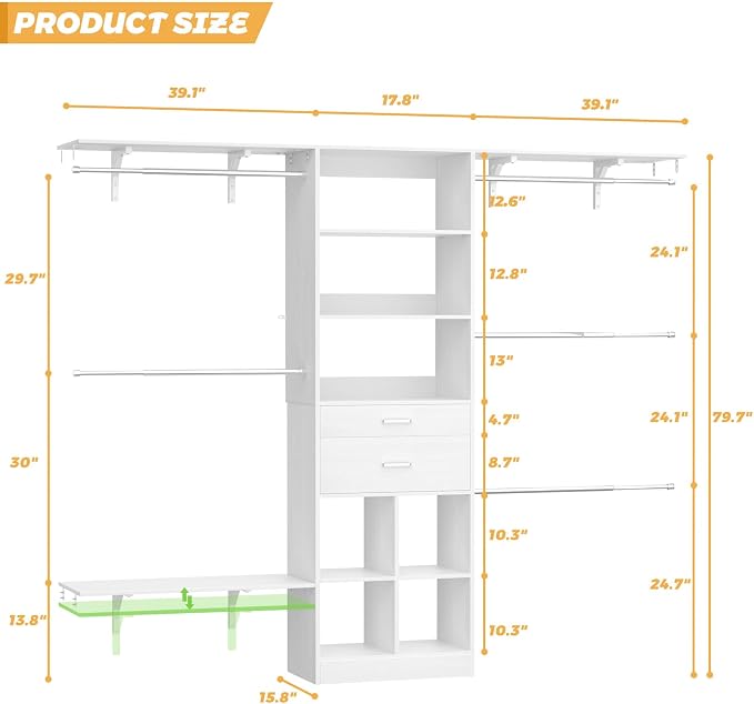 Besiost Closet System - 8FT Closet Organizer System with Wooden Drawers, 96" Closet Systems for Walk-In Closets with Cuttable Hanging Shelving, White - Image 3