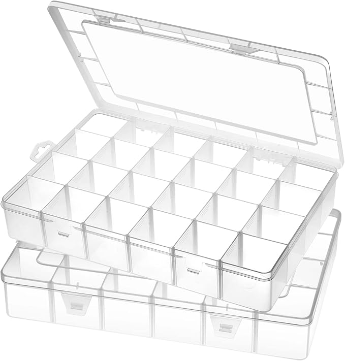 Gbivbe Large 24 Grids Plastic Organizer Box Adjustable Dividers,Clear Storage Box for Jewelry, Art DIY Crafts, Washi Tapes, Beads and Small Parts(2 Pack) by Gbivbe