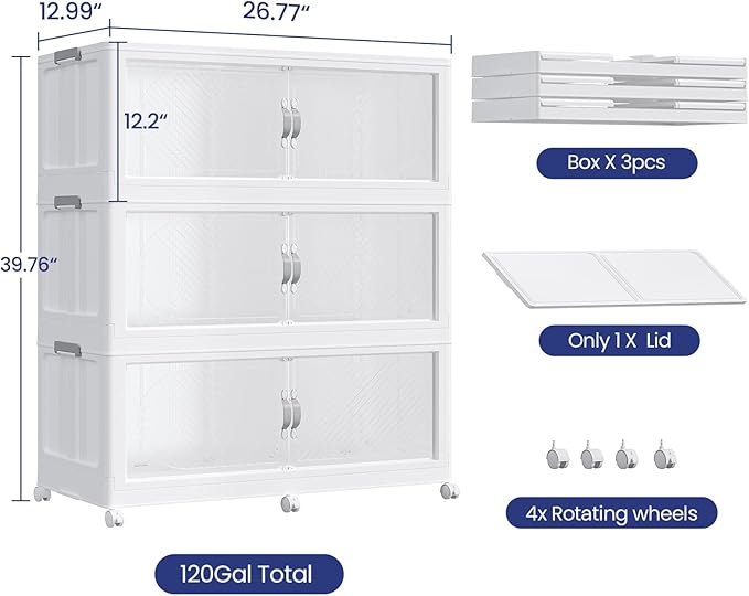 360QT Extra Large Stackable Storage Bins with Lid, 90Gal Plastic Closet Organizers and Storage Drawer, Collapsible Cabinet Box with Wheels Clear Doors for Home Kitchen Garage, 3Pack White - Image 2