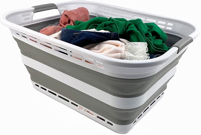 SAMMART 42L (11 Galloons) Collapsible Plastic Laundry Basket - Foldable Pop Up Storage Container/Organizer - Portable Washing Tub - Space Saving Hamper/Basket [BPA Free] (White/Grey (Set of 2)) - Image 4