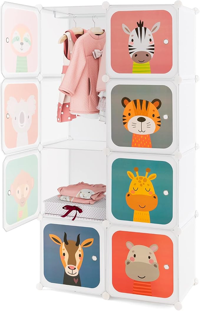 HONEY JOY Kids Wardrobe Closet, Baby Cartoon Clothes Storage Organizer, 8 Cubes & 2 Hanging Sections, Portable Children DIY Modular Bedroom Armoire Dresser Cabinet for Boys Girls (White) by HONEYJOY