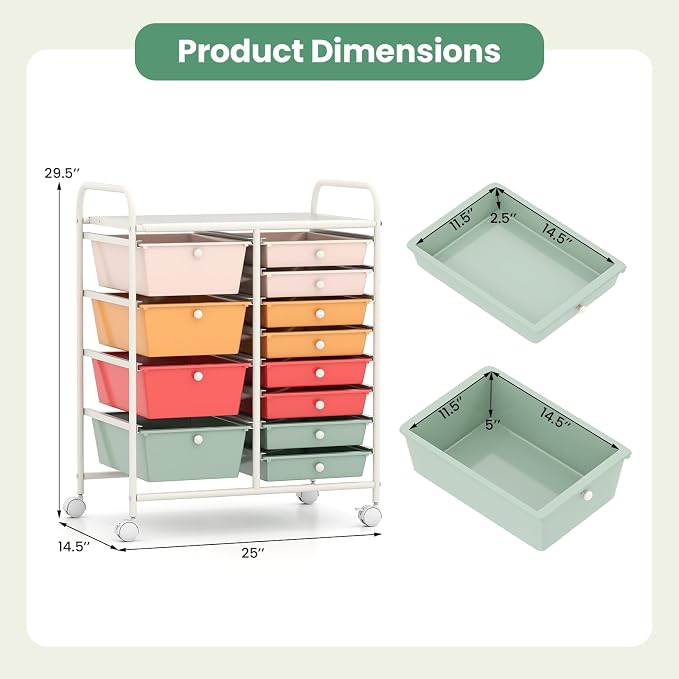 12 Drawer Rolling Storage Cart, Rolling Cart with Drawers for Classroom, Art Supply Craft Organizer on Wheel with Metal Frame & Handles for Home Office School (Macaron, 12 Drawer Left-Right) - Image 3