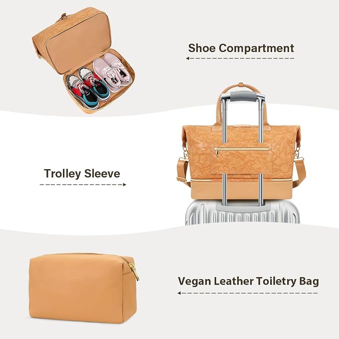 Leather Weekender Bags for Women, Travel Duffel Bag PU Overnight Bag Carry On Tote Bag with Shoe Compartment Wet Pocket - Image 3