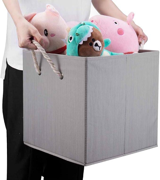 Foldable Bamboo Fabric Storage Bins [set of 4] with Cotton Rope Handles, Collapsible Organizer Boxes Basket - 10.5 x 10.5 x11 inch (Gray) - Image 3