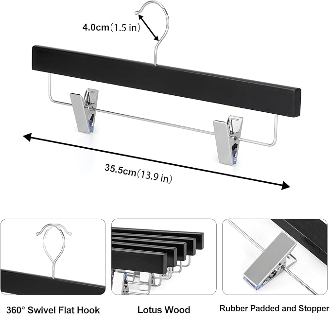 TOPIA HANGER Black Wood Pants Hangers, Wooden Skirt Short Jeans Trouser Hanger with Smooth Surface 360° Swivel Hook Anti Rust 2 Adjustable Clips, 20 Pack, CT10PB20 - Image 3