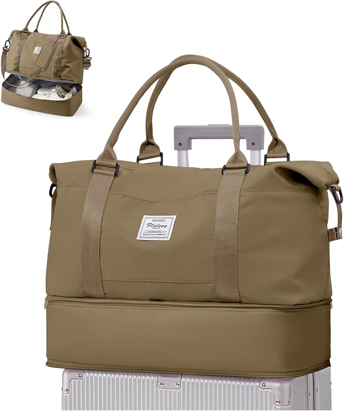 Travel Duffel Weekender Bag Women Tote Carry On Bags With Shoe Compartment | 18x14x8 inches Travel Overnight Bags with Trolley Sleeve for Airplanes Sport Tote Gym for Men Lightweight Daypack Khkai by VECAVE