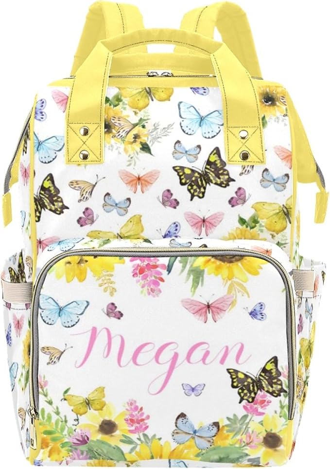 Customized Sunflower Butterfly Diaper Bag for Boys Girls Baby, Personalized Mommy Daypack with Name, Nylon Waterproof Backpack for Travel, Custom Gift for Women by Noverbibi