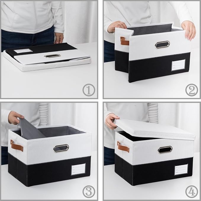 Foldable Storage Bins with Lids [3-Pack] Fabric Collapsible Storage Boxes Baskets Cubes Containers with Handles for Closet Living Room Bedroom (Black & White 17.7x11.8x11.8'') - Image 6