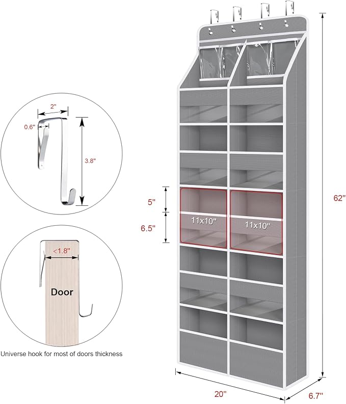 Univivi Upgraded Over the Door Organizer for Baby Nursery, Grey, 6-Shelf | Fabric Door Organizer with Clear Window Deep Pockets, Over Door Hanging Organizer for Baby Essential, Bedroom, and Dorm - Image 3
