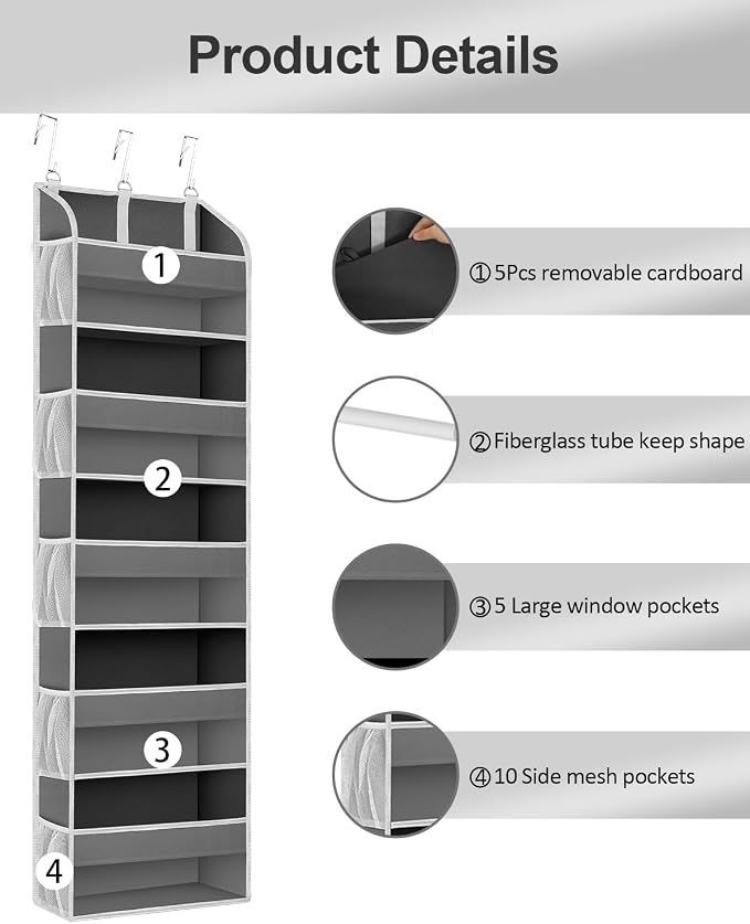 TAHAVICE 2 Pack Over the Door Storage Organizer, 5 Large & 10 Mesh Pockets | Hanging Storage Organizer with 40lb Capacity and Door Storage Space Saving for Bedroom,Bathroom,Nursery,Babyroom(Dark Gray) - Image 5