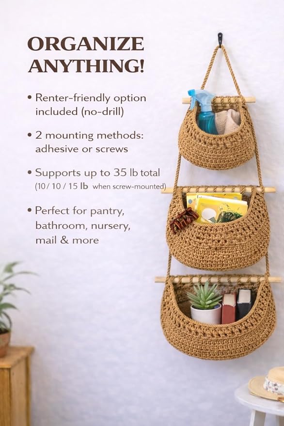 Hanging Wall Basket (3-Tier) Organizer – Cotton Rope Wall Storage for Bathroom, Kitchen & Nursery – Detachable Baskets + No-Drill Adhesive Hooks Included (Renter Friendly) - Image 7