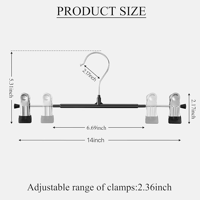 14 Inch Heavy Duty Pants Skirt Hangers with Clips, Black, 20 Pack | Metal,Space Saving,Adjustable,Hanger for Jeans Shorts Clothes Slacks Trousers,For Adult,Men,Women,Children,Non Slip - Image 2