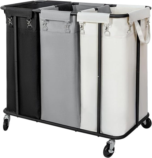 WOWLIVE Laundry Hamper 3 Section, 260L Rolling Laundry Basket with Wheels | Laundry Cart with Steel Frame and Removable Bags, Large Dirty Clothes Hamper Dorm Room Storage for Bedroom by WOWLIVE