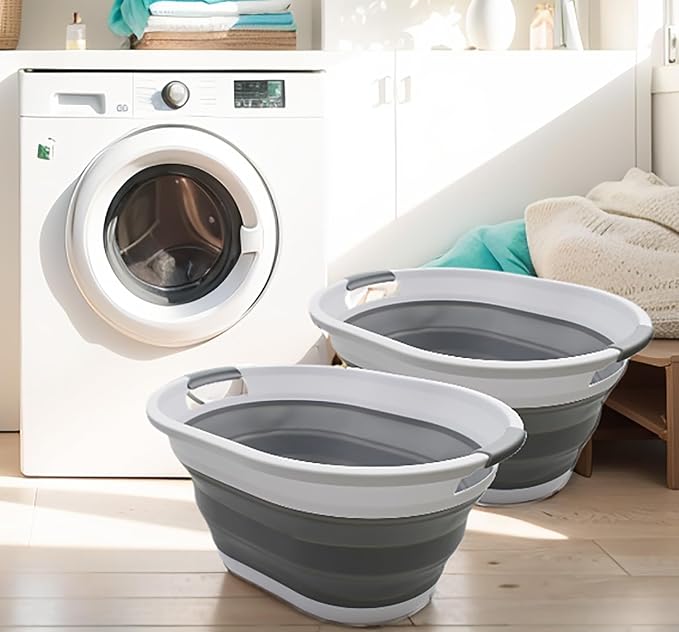 SAMMART 32L (8.4 Gallon) Collapsible Plastic Laundry Basket - Foldable Pop Up Storage Container/Organizer - Portable Washing Tub - Space Saving Hamper/Basket, Water Capacity: 24L (2, White/Grey) by SAMMART