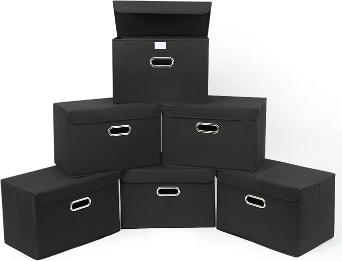STOREONE Fabric Storage Cube Bins Foldable Organizer Container Collapsible Basket with Lids and Metal Handles, for Home, Bedroom, Closet 6 Pcs (Black) by STOREONE