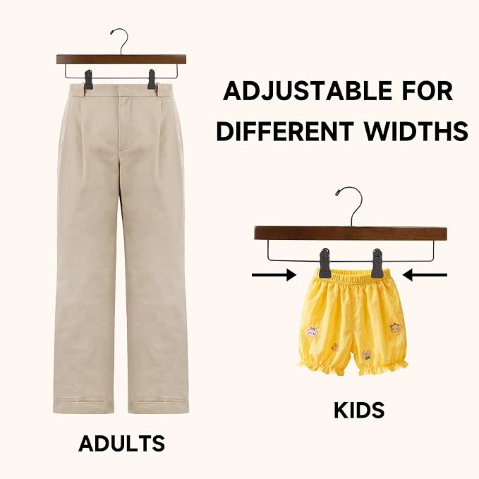 14" Wood Pants Hangers with Adjustable Non-Slip Clips, Walnut, 12-Pack | Solid Wood Material, Bottom Hangers with 360° Swivel Hook, Space Saving Hangers for Skirts, Slacks, Trousers, Jeans - Image 5