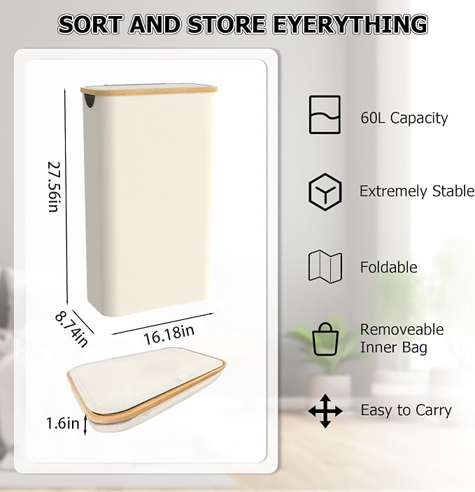 Slim Laundry Hamper with Lid, 60L Laundry Basket with Handles, Skinny Narrow Collapsible Dirty Clothes Hamper with Removable Laundry Bag for Bathroom Bedroom Dorm Clothes Toys Towels (Beige, 2 Pack) - Image 2