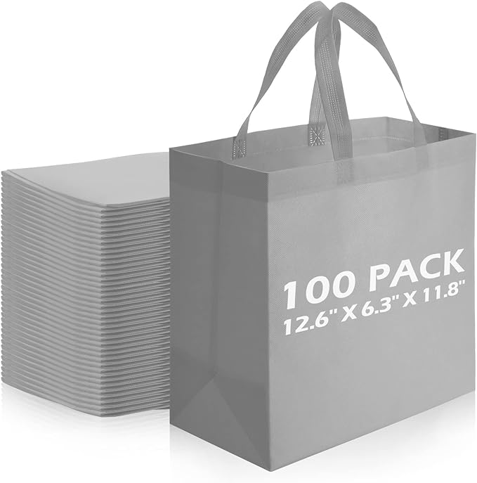 Reginary 100 PCS Non Woven Tote Bags Bulk,Gray | Reusable Shopping Bags with Handles, Stores, Groceries Markets, Events Gift, Party Supplies by Reginary