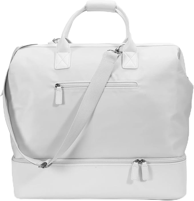 Nobl Travel Weekender Bag for Women & Men, Large Carry-On Duffel, White | Leather Overnight Tote with Trolley Sleeve, Separate Shoe Compartment & Laptop Pocket for Airplane, Gym & Road Trips by NOBL