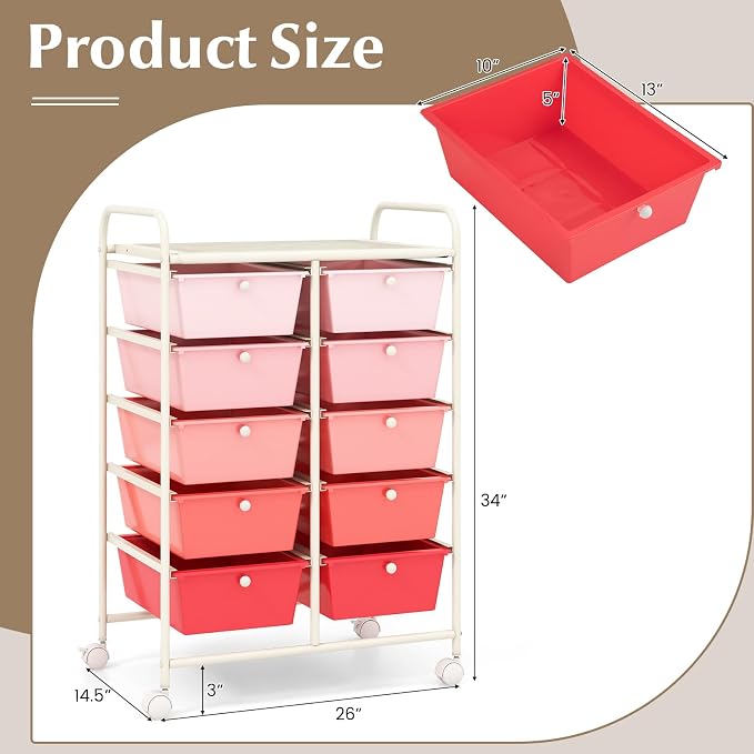 RELAX4LIFE Rolling Storage Cart with 10 Drawers - Craft Storage Cart with Lockable Wheels,Utility Cart, Art Cart Organizer for Crafting Storage, Studio, Office, Home, School Rolling Drawer Cart - Image 3