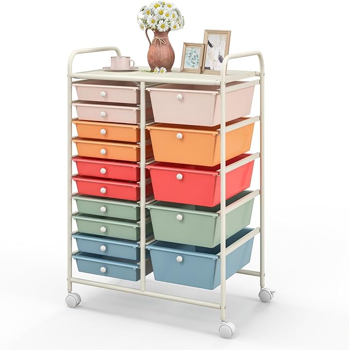 DREAMADE Rolling Cart with 15 Drawers, Rolling Drawer Organizer Cart w/Lockable Wheels, Removable & 2-Sized Storage Drawers, Art Cart for School Home Art Supplies Crafts File Scrapbook by DREAMADE