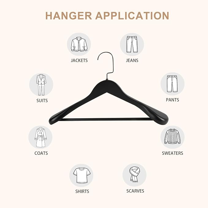 Wooden Suit Hangers with Non Slip Pants Bar, Black, 6-Pack, 17.5" | Wood Extra-Wide Shoulder Hangers with Flat-Head Hook for Suits, Coats, Jackets, Shirts, Pants, Heavy Clothes - Image 8
