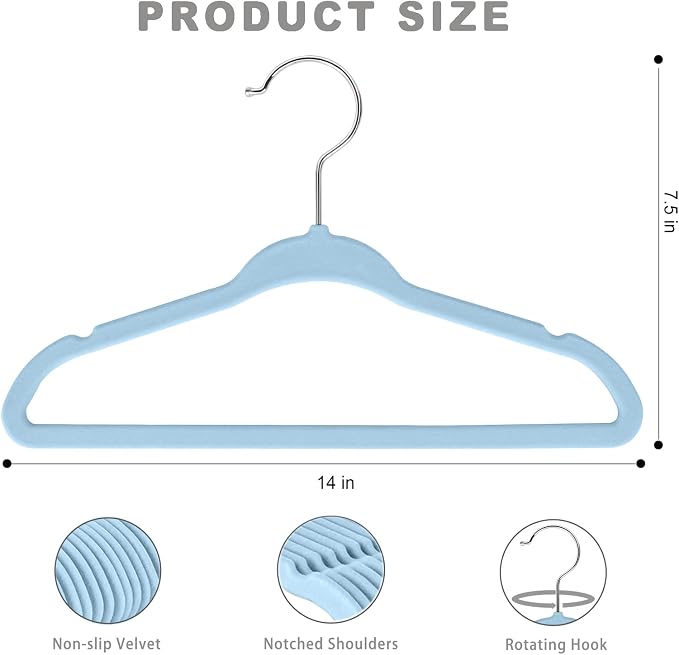 BAGAIL 50 Pack Kids Velvet Hangers 14” Inch Children's Clothes Hangers Non-Slip Baby Hangers for Infant/Toddler (Babyblue) - Image 2