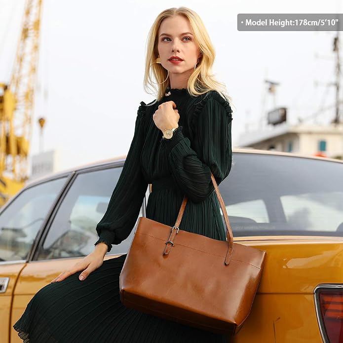 Kattee Vintage Genuine Leather Tote Shoulder Bag for Women | Genuine leather tote with adjustable straps, 7 pockets, and room for a 14-inch laptop, ideal for work and travel. - Image 2