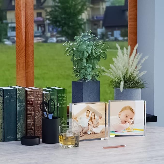 HELPLEX Acrylic Frames, 2 Pack 4x4 Frameless Clear Picture Frame, 20mm Thicker, Double Sided Magnetic, Free Standing Desktop Display - Image 7