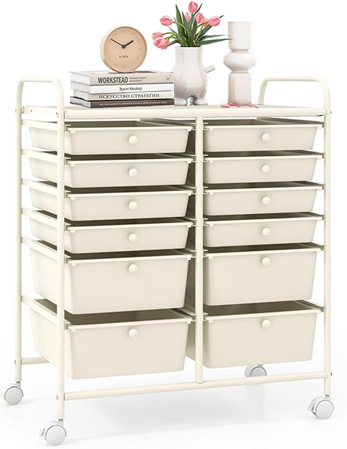 12 Drawer Rolling Storage Cart, Craft Cart Organizer on Wheels w/Metal Frame, Large Capacity & Smooth Drawer, Rolling Cart w/Drawers for Classroom, Office by LDAILY