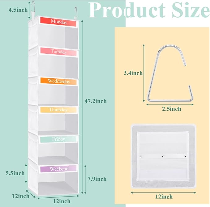 2 Pack 6 Shelf Weekly Clothes Organizer for Kids with Side Pocket, 47 Inch Days of the Week Clothes Organizer, Monday to Friday Daily School Outfits Clothing Divider for Kids(White) - Image 2