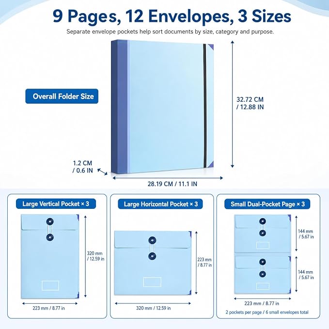 2 Pack Document Organizer File Folder, 12 Pockets, A4 Size | String and Button Closure, Elastic Band Security, Multi-Size Storage, Easy Sorting, Portable Design, Home Office and Travel - Image 2