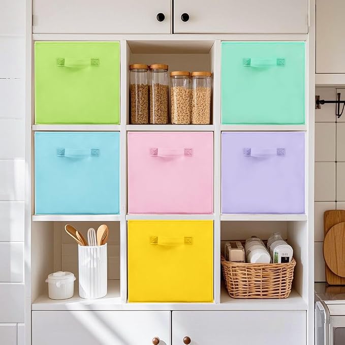 Easi Storage Cubes, 11 Inch Fabric Storage Bins, Set of 4, Foldable Collapsible Cube Organizer with Handles, Closet Shelves Office Nursery Storage, Cubby Storage Bins for Toys Clothes Books, Multi - Image 5