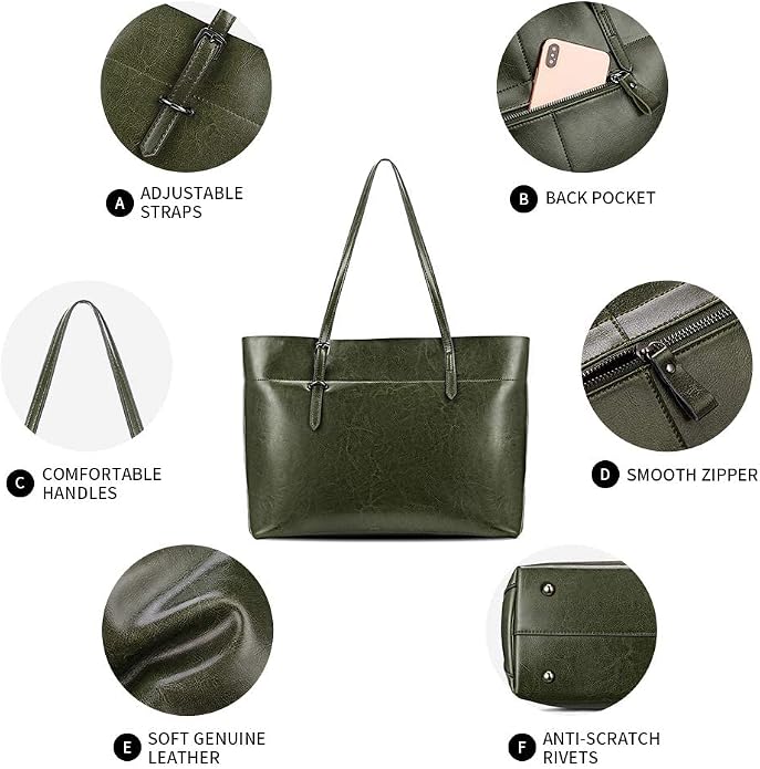Kattee Vintage Genuine Leather Tote Shoulder Bag for Women | Genuine leather tote with adjustable straps, 7 pockets, and room for a 14-inch laptop, ideal for work and travel. - Image 5