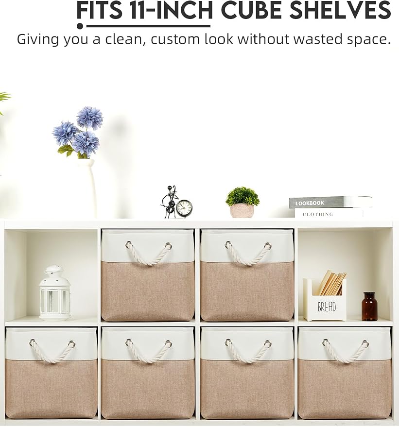 Temary 6-Pack Cube Storage Bins, 11 Inch Foldable Fabric Storage Cubes with Cotton Rope Handles, Sturdy Linen Organizer Baskets with Metal Frame for Shelves, Closet, Nursery (White&Khaki) - Image 4